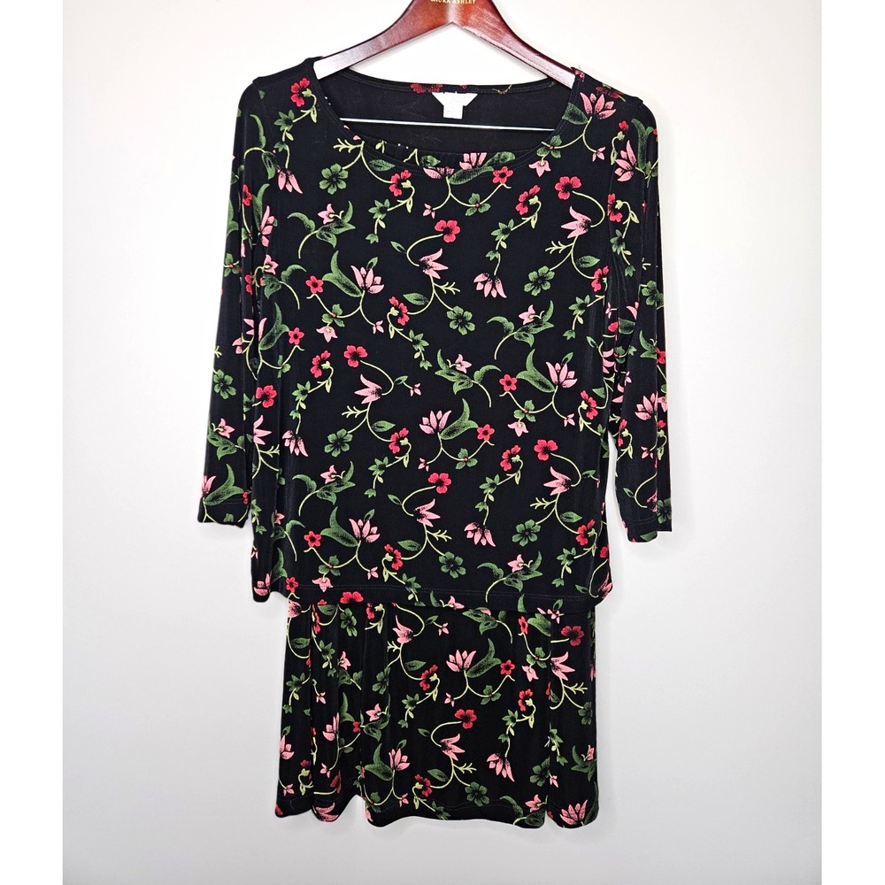 Christopher & Banks 2-Piece Dark Floral Skirt Top Set L Slinky Knit Cottage 90s
